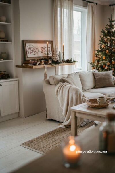 Embroidered christmas wall hanging decor with cozy handmade holiday living room styling