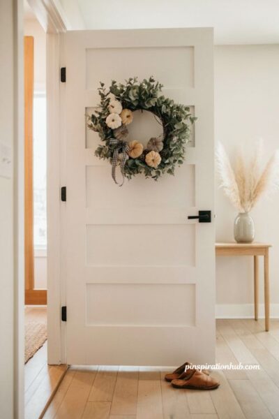 Eucalyptus and velvet mini pumpkin wreath with gingham ribbon on a white front door for modern farmhouse fall decor