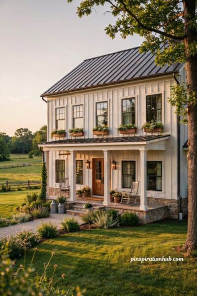 Farmhouse exterior ideas with wraparound porch and timeless curb appeal