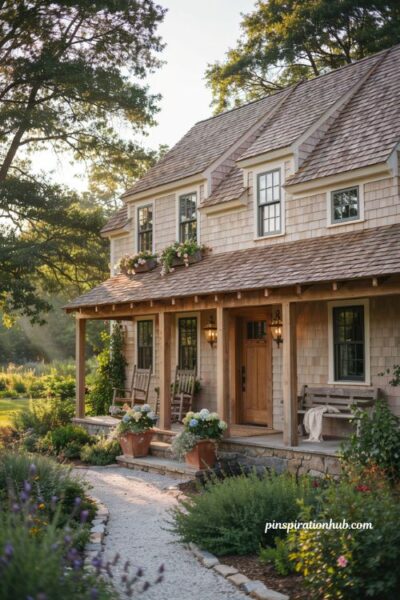 Farmhouse exterior with architectural shingle roof and timeless cottage curb appeal