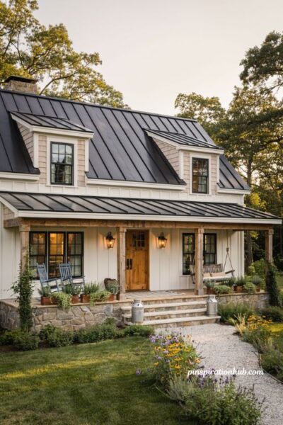 Farmhouse exterior with charcoal metal roof and timeless rustic curb appeal