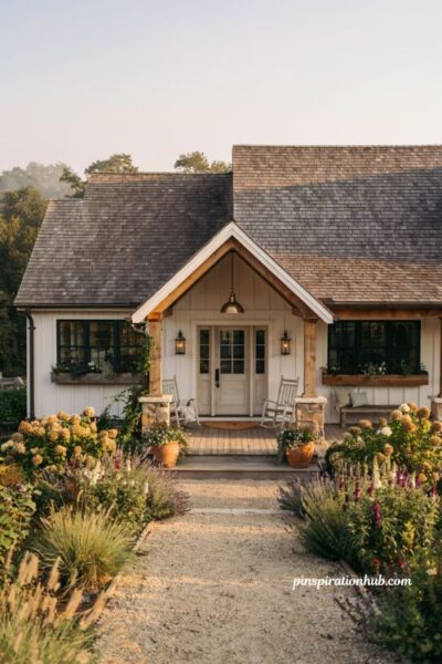 Farmhouse exterior with covered front entry and welcoming gabled portico