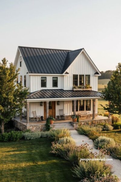 Farmhouse exterior with mixed lap siding and cedar shingle gables