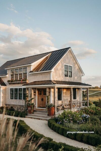 Farmhouse exterior with mixed lap siding and cedar shingle gables
