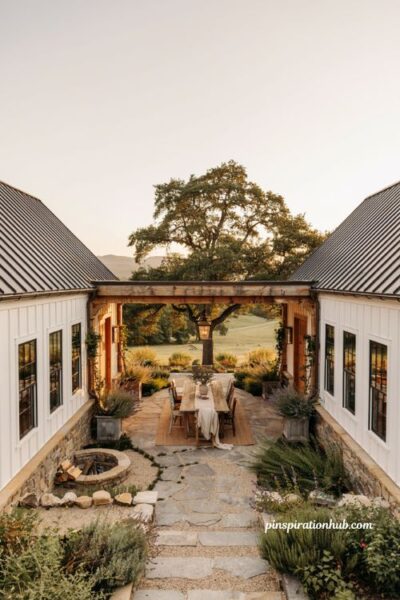 Farmhouse exterior with private courtyard and connected farmhouse wings
