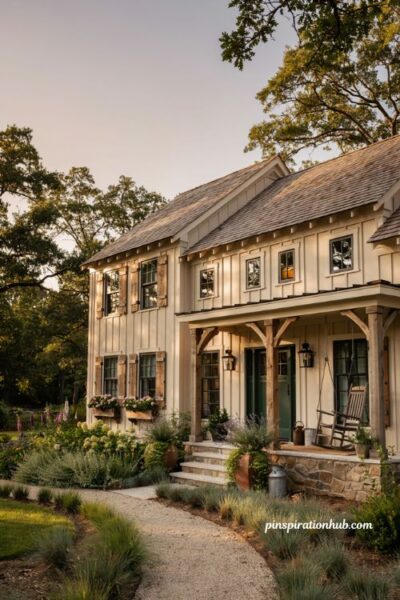 Farmhouse exterior with soft country color palette and timeless curb appeal