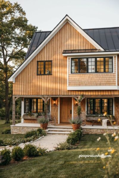 Farmhouse exterior with warm cedar wood siding and timeless cottage charm