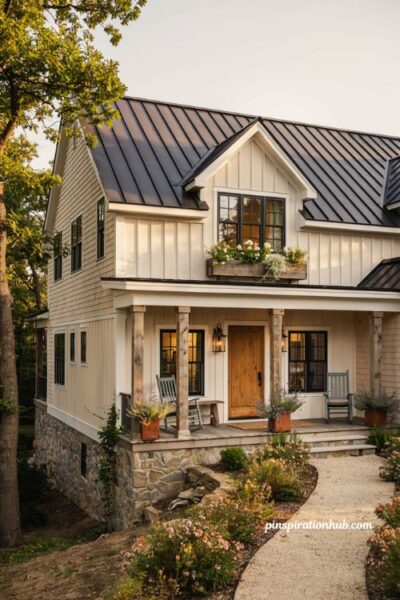 Farmhouse exterior with warm white board and batten siding and stone accents