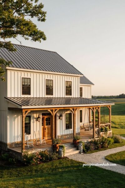 Farmhouse exterior with wraparound porch and timeless country charm