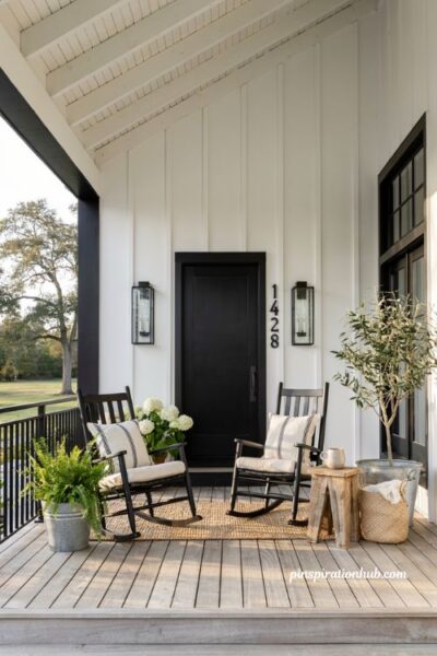 Farmhouse porch ideas with a timeless black and white modern farmhouse palette