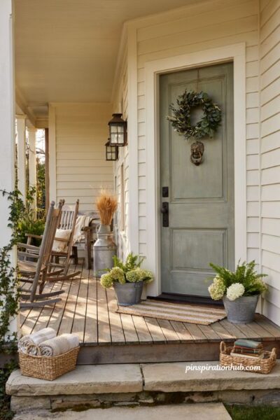 Farmhouse porch ideas with a vintage brass door knocker and rustic front entry