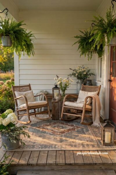 Farmhouse porch ideas with a weathered vintage rug and cozy outdoor seating