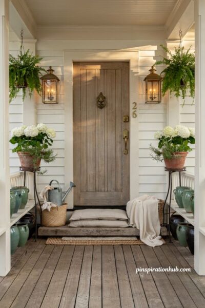 Farmhouse porch ideas with antique brass hardware and warm rustic entry styling