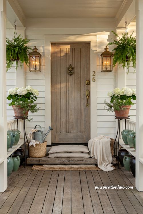 Farmhouse porch ideas with antique brass hardware and warm rustic entry styling