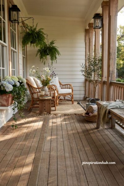 Farmhouse porch ideas with cozy rattan furniture and rustic outdoor seating