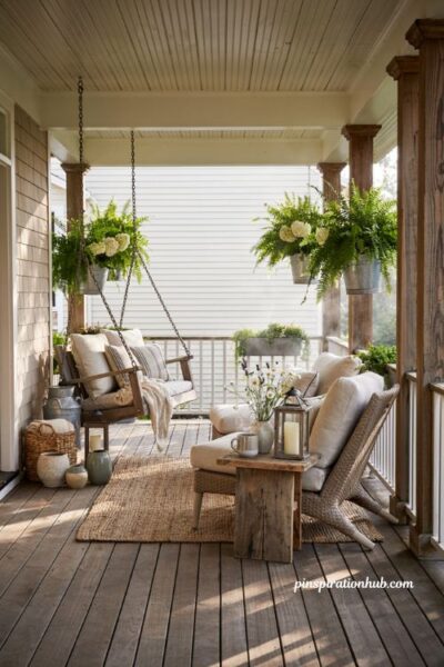 Farmhouse porch ideas with cozy wicker seating and a charming porch swing