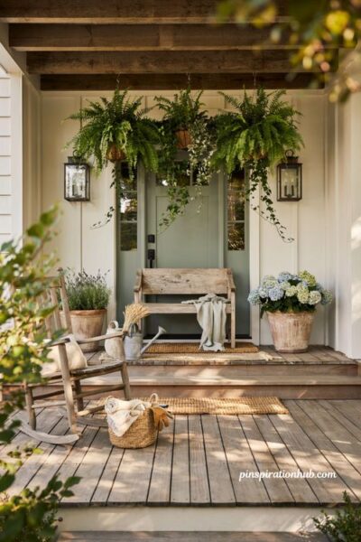 Farmhouse porch ideas with hanging basket planters and layered greenery