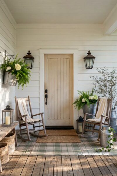 Farmhouse porch ideas with layered doormats and welcoming rustic entry styling