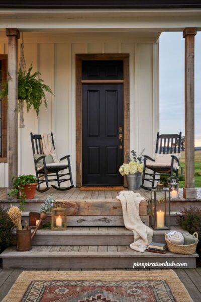 Farmhouse porch ideas with layered lanterns and cozy evening lighting