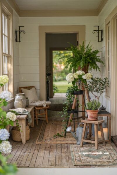 Farmhouse porch ideas with layered plant stands and lush potted greenery
