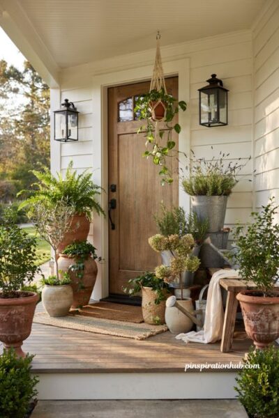 Farmhouse porch ideas with layered potted plants around the front door