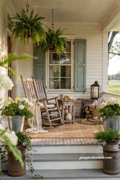 Farmhouse porch ideas with rocking chairs hanging ferns and cozy rustic charm