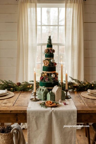 Fluffed Dollar Tree mini Christmas trees layered for a cozy farmhouse holiday shelf