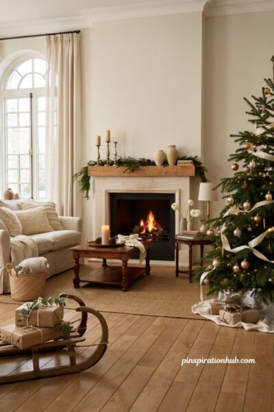 Gold and ivory christmas living room color scheme ideas with elegant decor