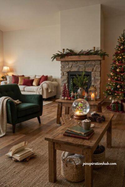 Grinch christmas decorations with a glowing snow globe holiday accent