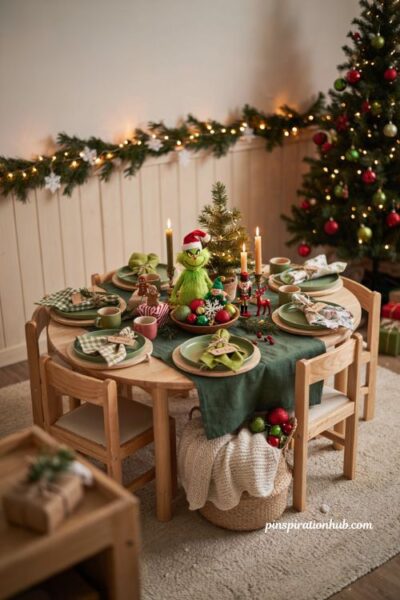 Grinch christmas decorations with a playful kids holiday table setup
