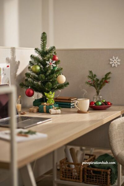 Grinch christmas decorations with a small office desk holiday makeover