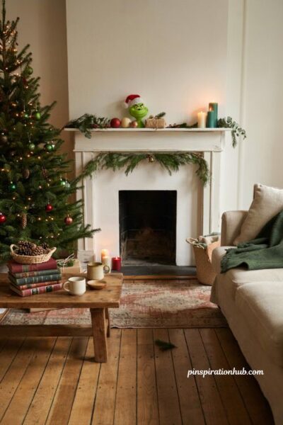 Grinch christmas decorations with a whimsical mantel figurine and holiday styling