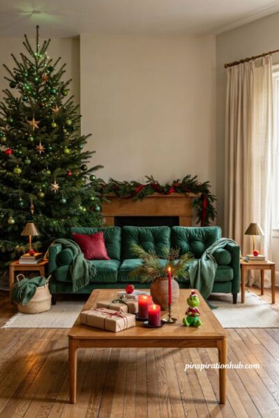 Grinch christmas decorations with bold green and red holiday living room decor