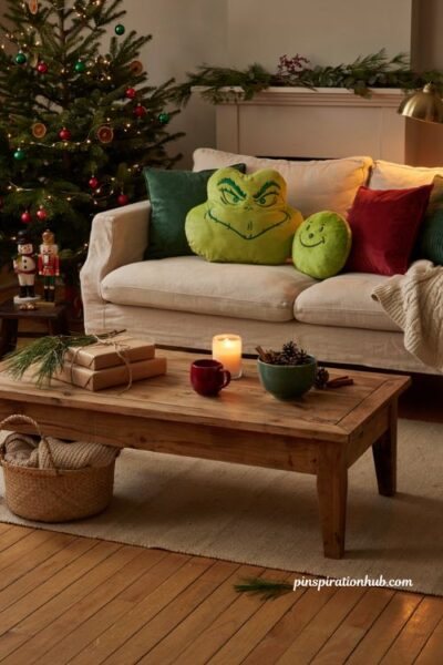 Grinch christmas decorations with cozy character pillows and holiday sofa decor