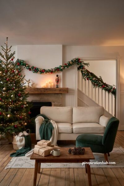 Grinch christmas decorations with green and red ball garland mantel styling