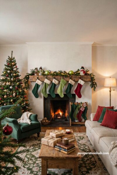 Grinch christmas decorations with mismatched stockings and playful mantel decor