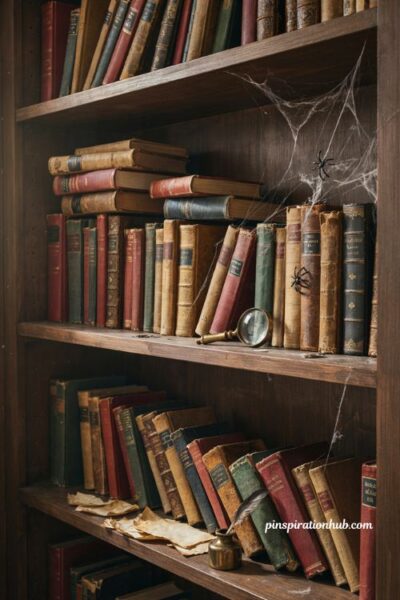 Halloween bookshelf decor idea with spooky cobwebs and old dark spined books