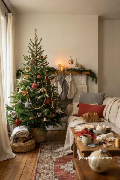 Handmade Christmas ornaments with felt stars pinecones and cozy DIY holiday decor ideas