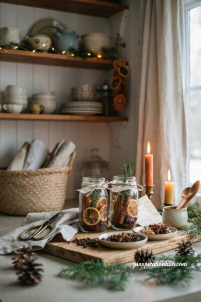 Handmade christmas simmer pot gift jars with dried oranges and cozy holiday spices