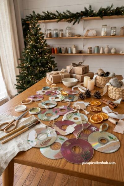 Handmade recycled cd christmas ornaments with creative upcycled holiday craft ideas