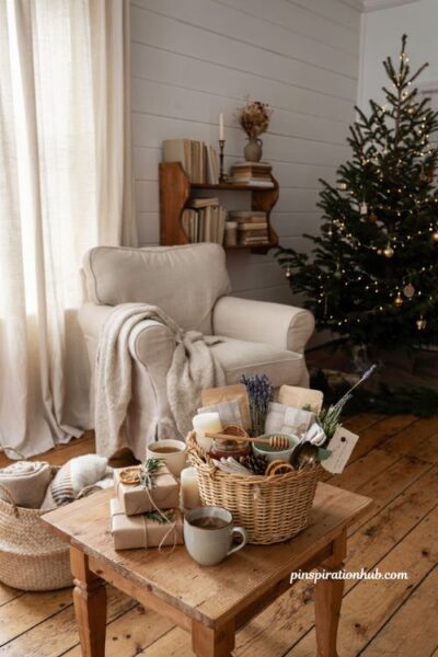 Handmade tea basket with lavender sachets for cozy christmas comfort gift ideas