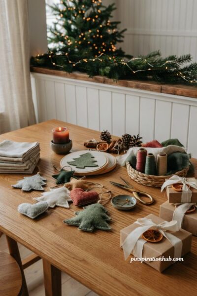 Handmade wool scrap christmas ornaments with cozy farmhouse holiday craft ideas