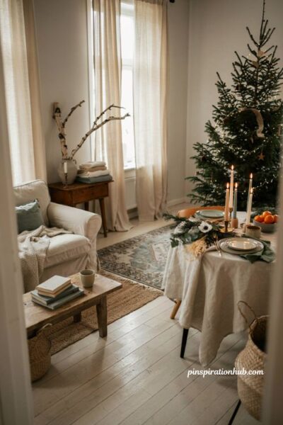 Hygge christmas decor ideas with a cozy small holiday tablescape