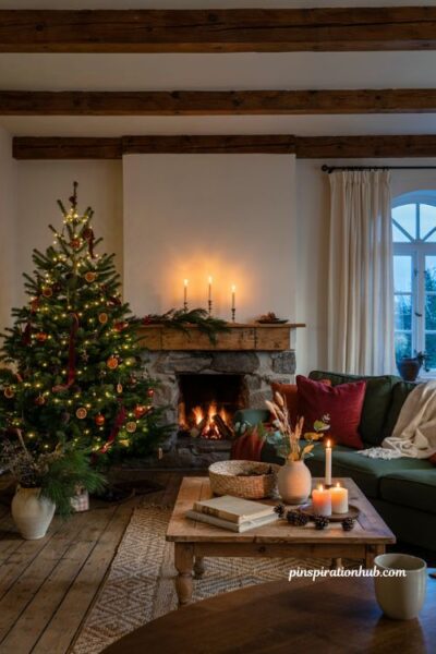 Hygge christmas decor ideas with berry red accents and rustic amber tones