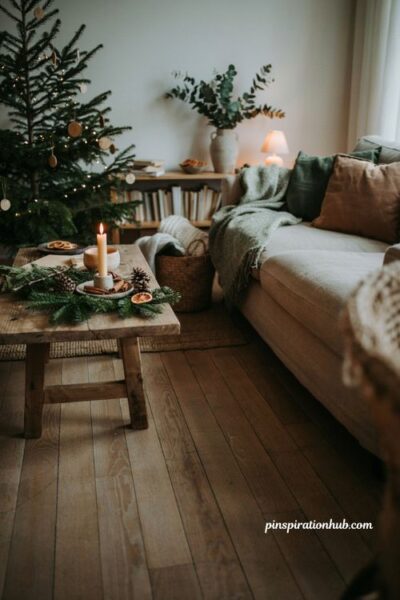 Hygge christmas decor ideas with cozy scented candles and natural holiday accents