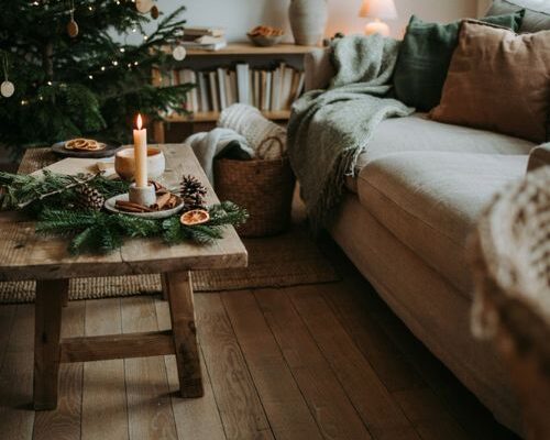 Hygge christmas decor ideas with cozy scented candles and natural holiday accents