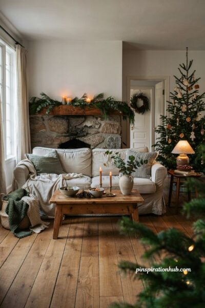 Hygge christmas decor ideas with deep green greenery and cozy natural living room