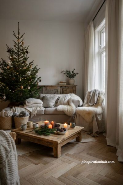 Hygge christmas decor ideas with faux fur throws and cozy neutral textures