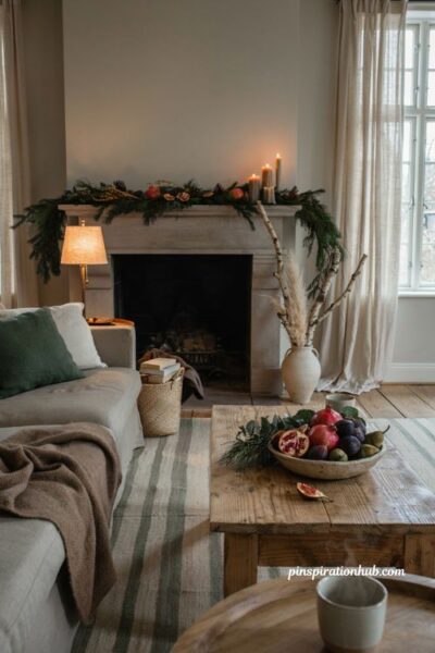 Hygge christmas decor ideas with pomegranates pears and natural greenery accents