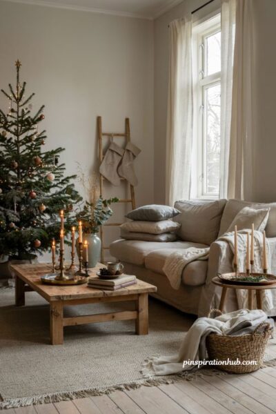 Hygge christmas decor ideas with warm brass accents and neutral cozy living room